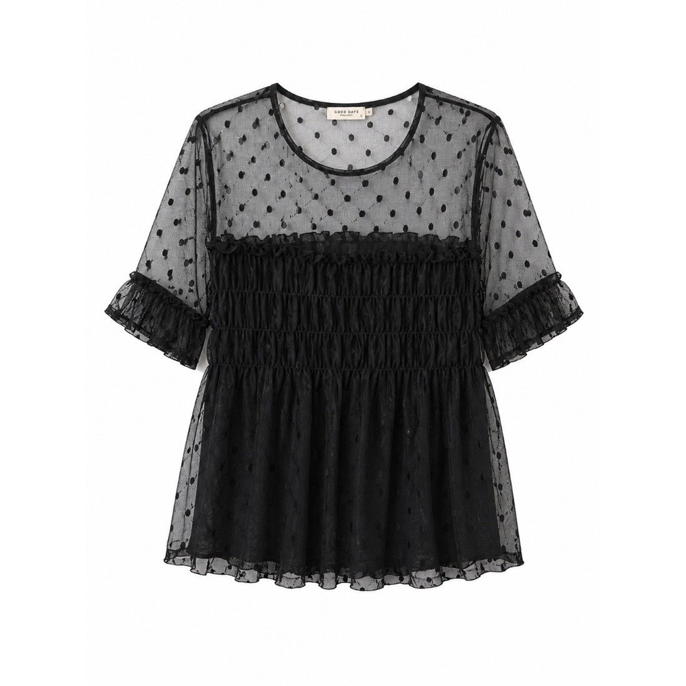 Good Days Project Plus Size 1X Black Polka Dot Mesh Smocked Ruffle Blouse Top